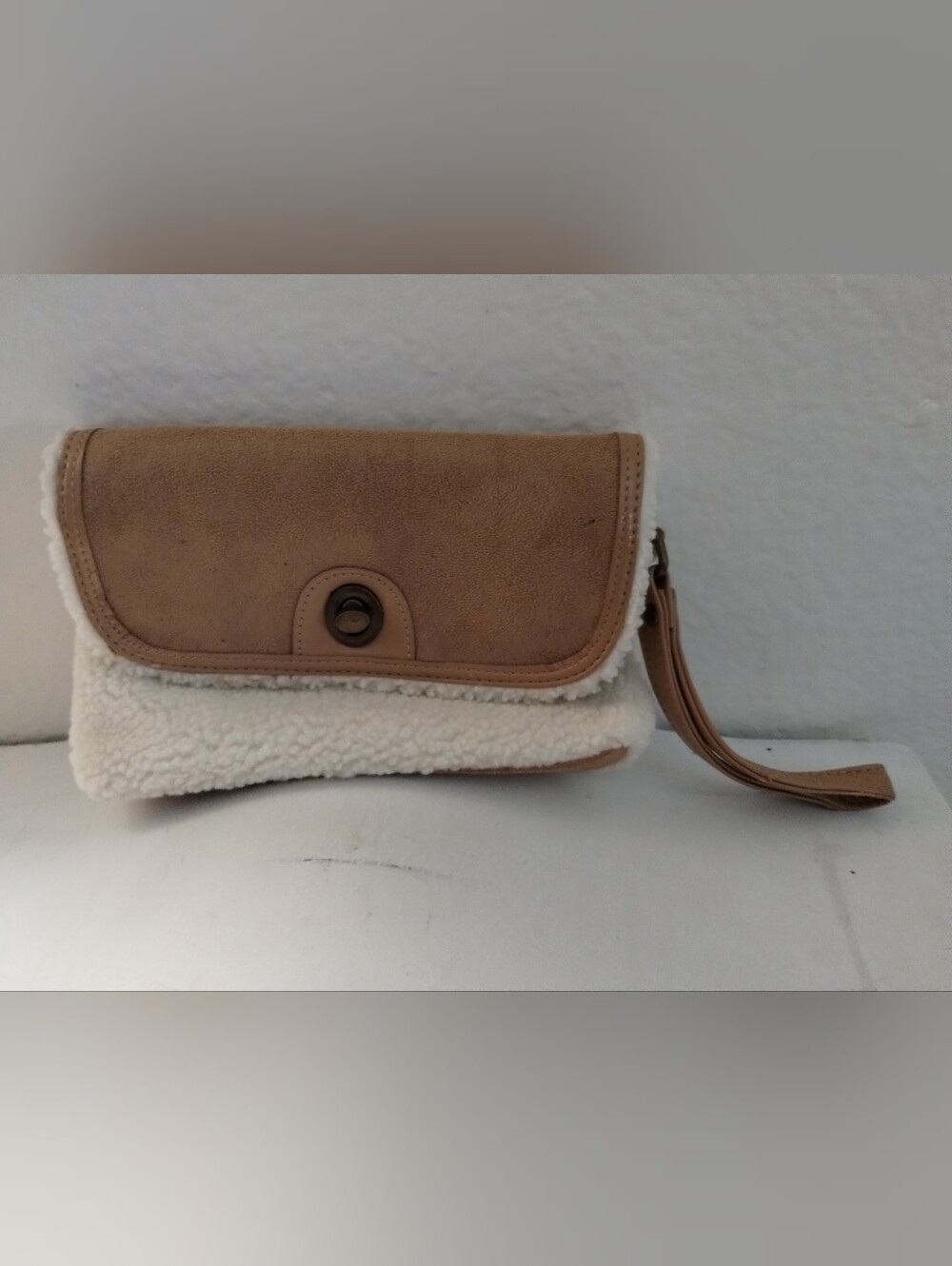 Bath & Body Works Tan Suede and Cream Sherpa Wristlet Clutch